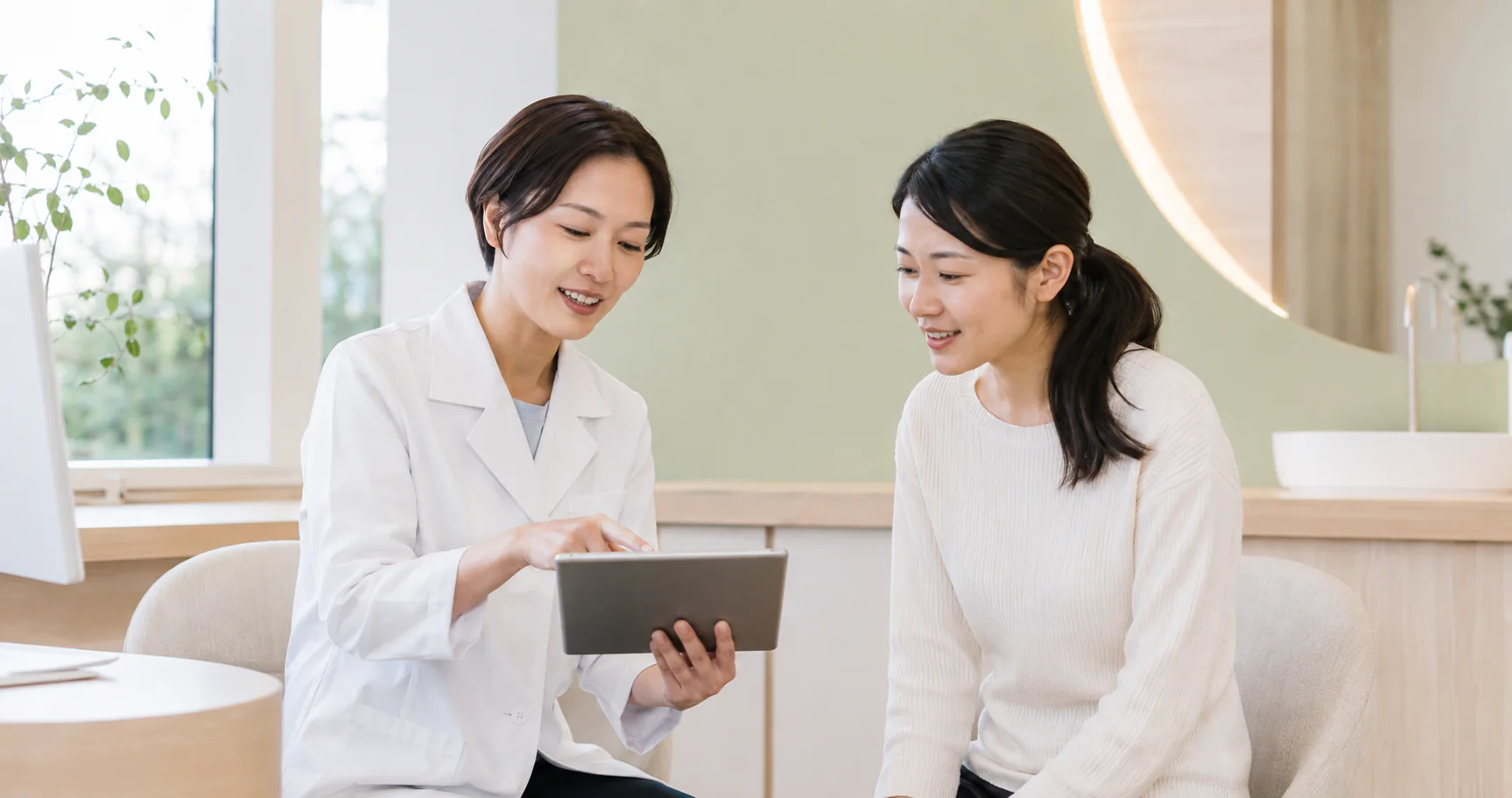 明るい架空の相談室でタブレットを見ながら説明する女性スタッフ